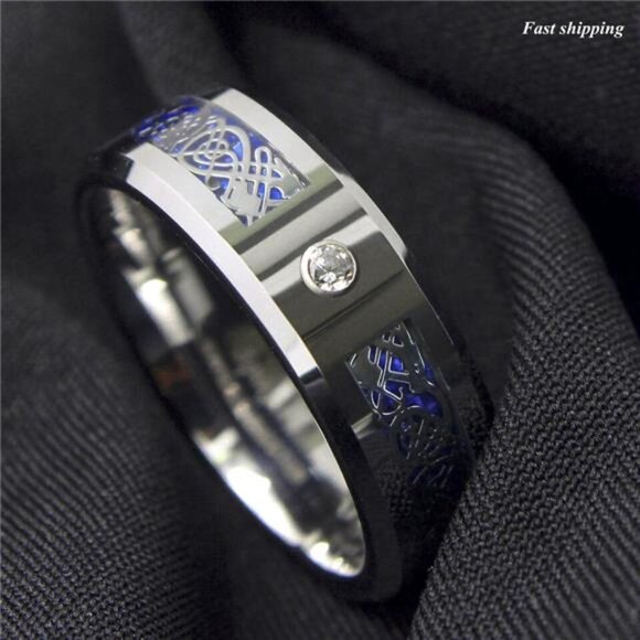 Men's Wedding Band Rings - Silver Celtic Dragon CZ Rings for Men and Women - Picture 5 of 7
